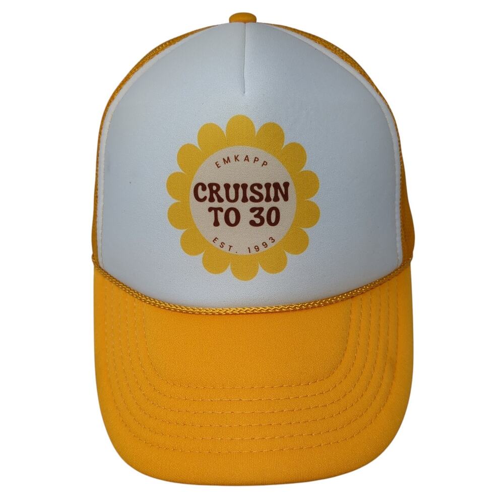 Emkapp Cruisin to 30 Est. 1993 Trucker Hat Yellow OS Adjustable Mesh Back Rope
